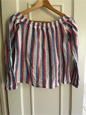 Marine Layer Striped Off-Shoulder Top in White, Red & Blue